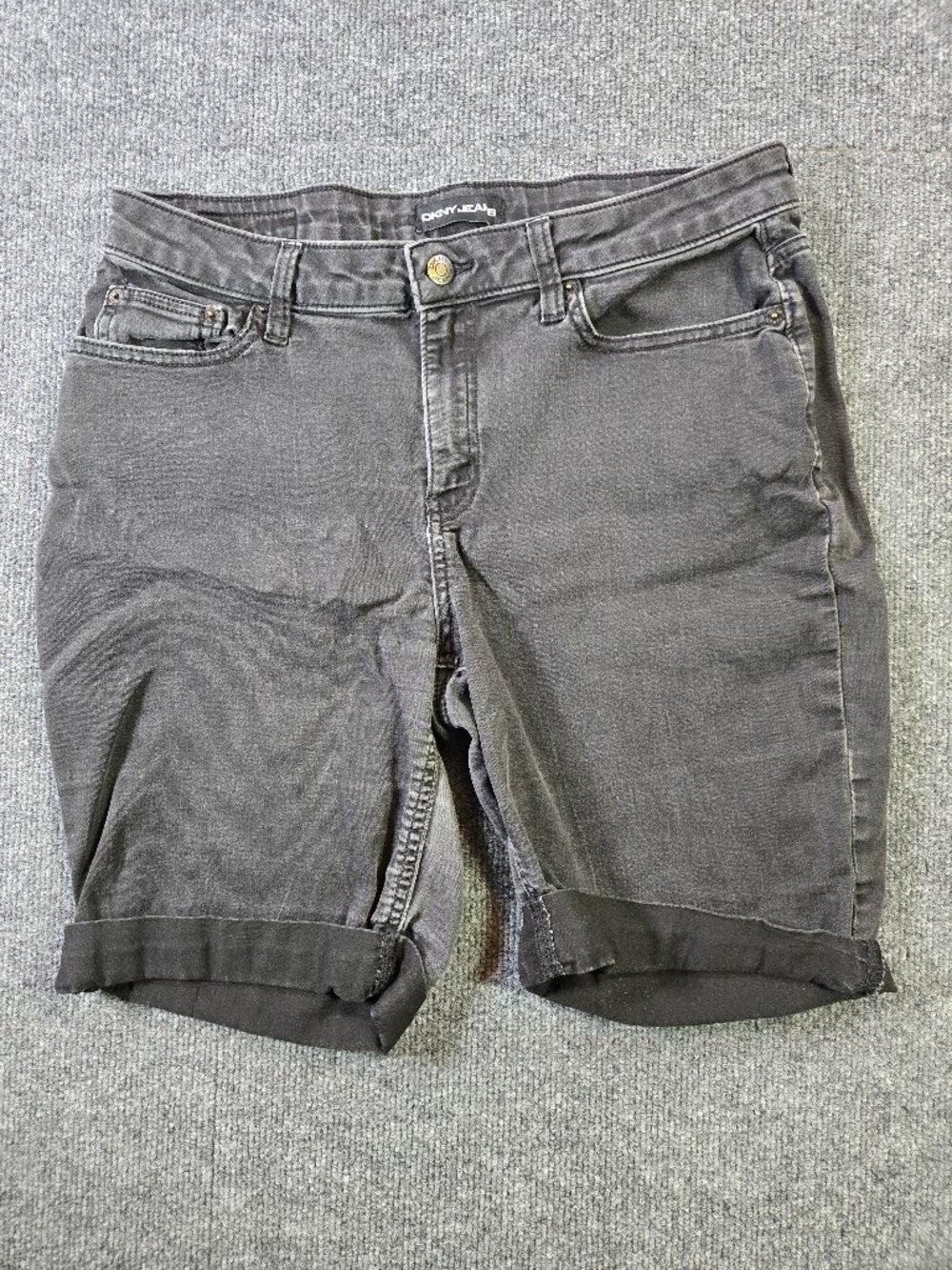 DKNY Jeans Womens 10 Black Denim Bermuda Shorts Cuffed Stretch Mid Rise